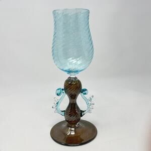 Murano Style Goblet Art Glass Signed Venetian Blue Amber Brown Hand Blown